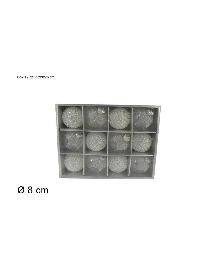 PALLA 8 cm 12 pz C/GLITTER BIANCO  A298720